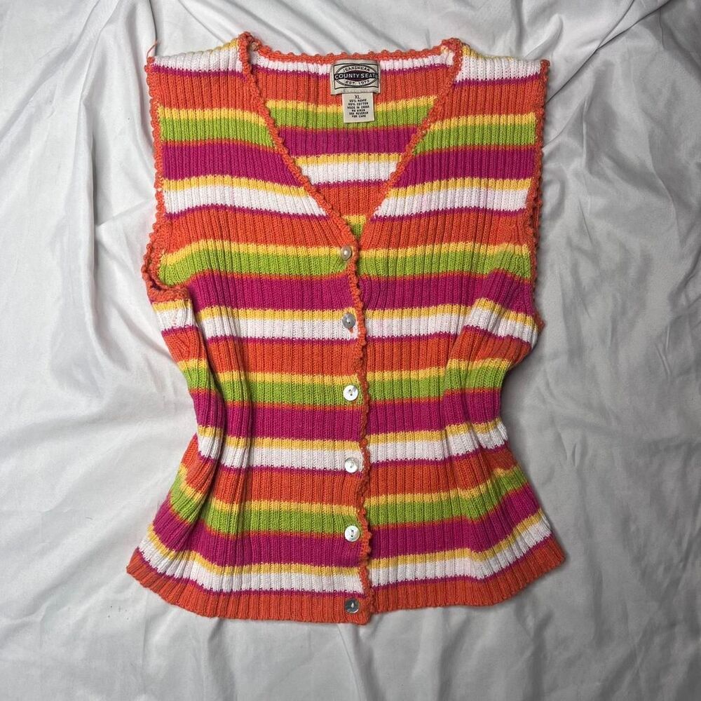 VTG 90s County Seat Women's Pink Multicolor Button Up Knit Cardigan Sweater Vest